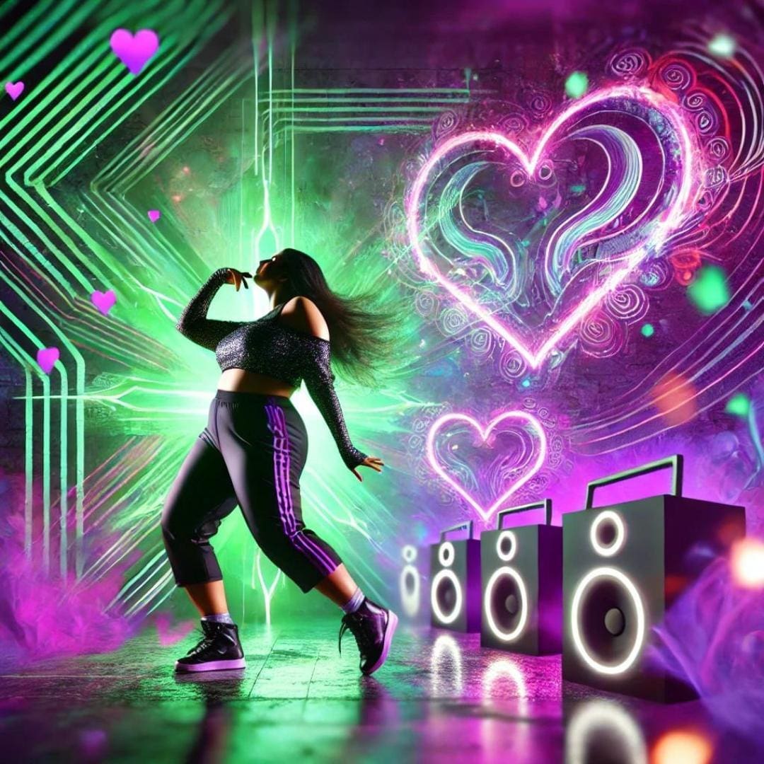 Female dancing in club to express self love and acceptance, with neon green, purple, pink glowing hearts and speakers in the background