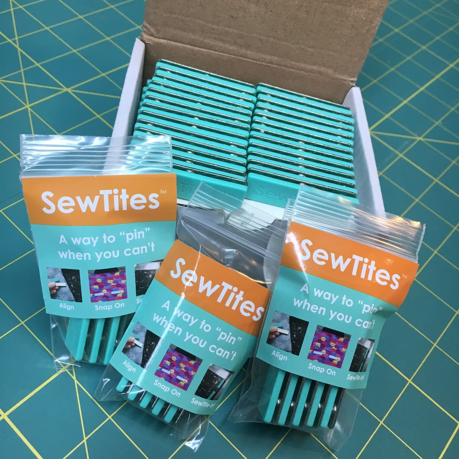 A photo of the early packaging design for SewTites.