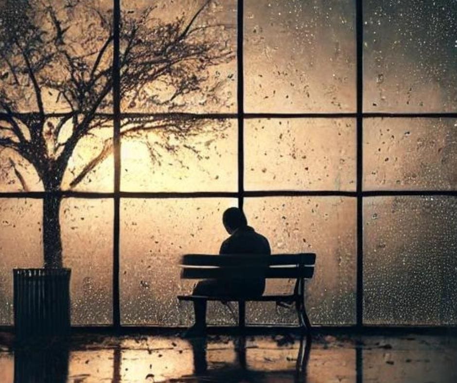 AI-generated image of a shadowy person sitting alone on a park bench in the rain feeling sad. 