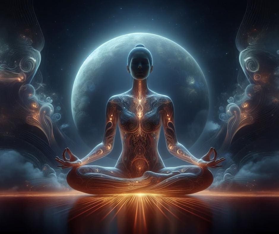 AI-generated image of a woman sitting in meditation in front of a glowing full moon with glowing light coming from her veins and chakras, depicting the connection with the higher self. 