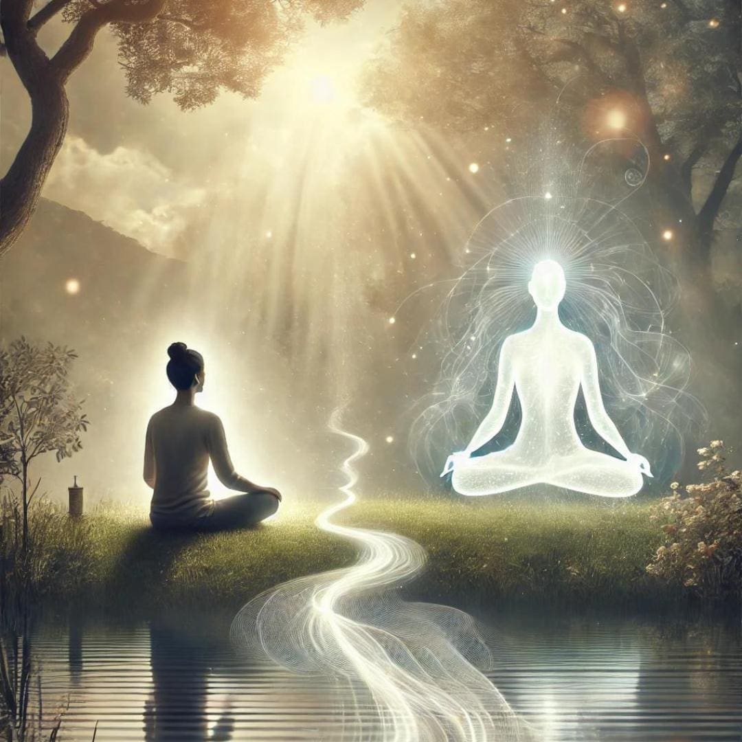 AI-generated image depicting a serene figure in meditation, surrounded by a glowing aura, illustrating the flow of spiritual energy around the higher self. 