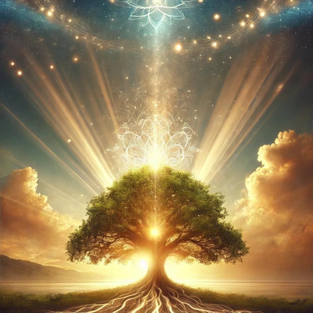 AI-generated image of a tree in front of a lake with a glowing sunrise behind it and golden light emanating from it illumining sacred geometric symbols in the sky.