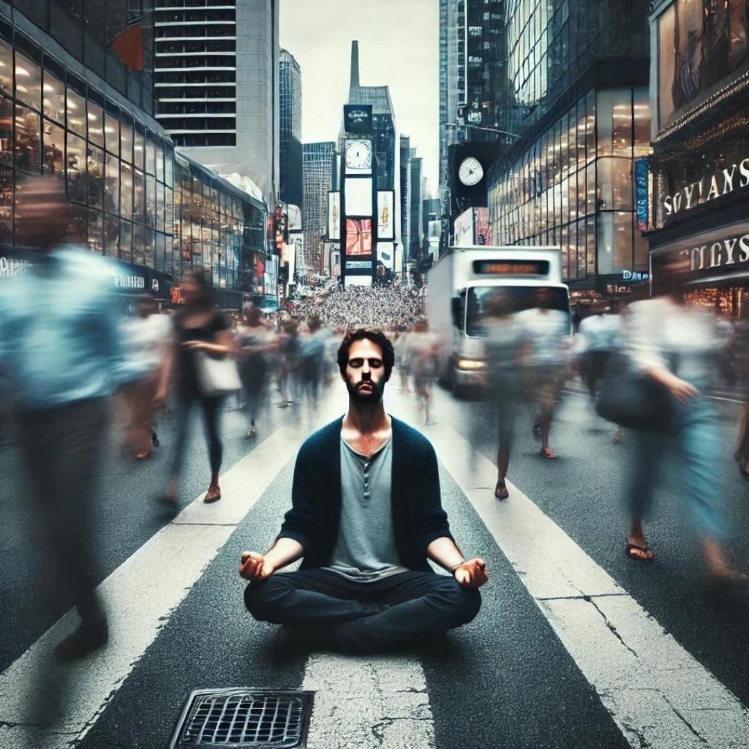 AI-image of a person in the middle of a busy city, yet in a state of deep and total peace while sitting in meditation. 