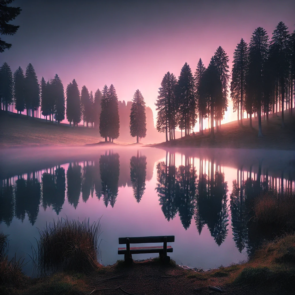 Depiction of silence with an early morning pink-sky sunrise over a still, glass-like pond in a park with an empty park bench and tall pine trees that are reflected in the water.