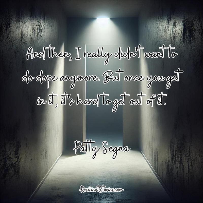 A dark hallway with a single light and a quote from the author that says, "And then, I really didn't want to do dope anymore. But once you get in it, it's hard to get out of it."