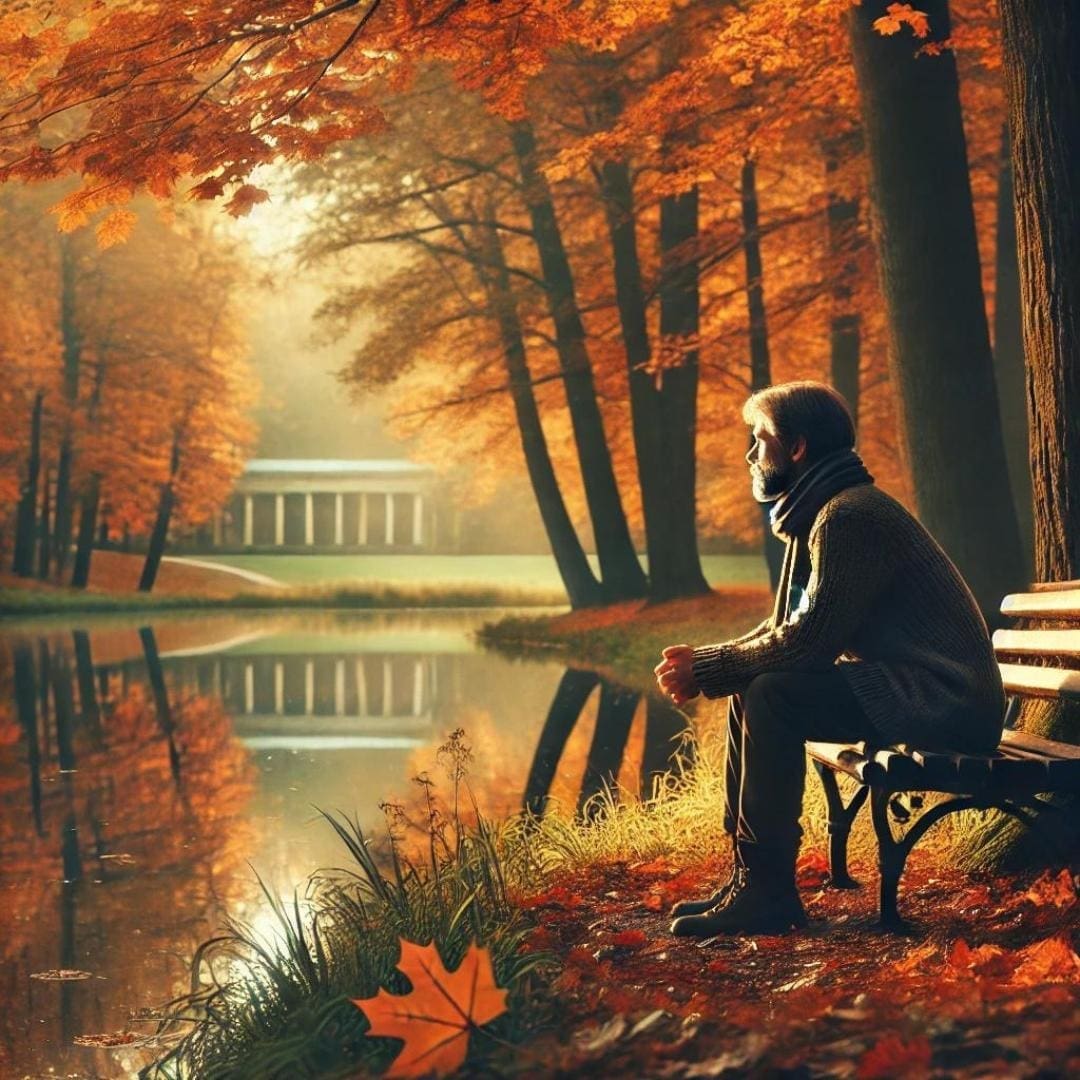 AI-generated image of a person in deep self-reflection, sitting on a park bench during autumn.