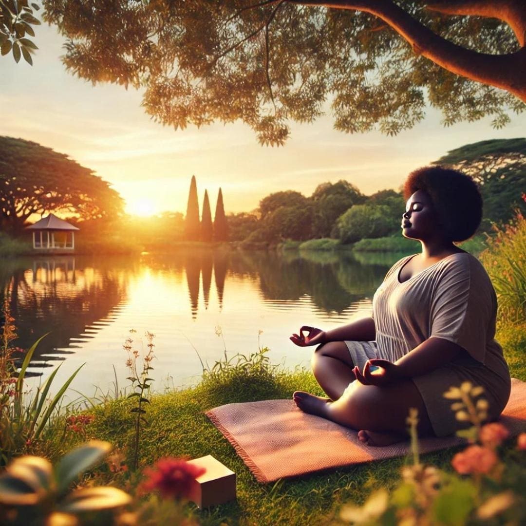 AI-image featuring black woman meditating by a tranquil lake, reflecting a serene and calming self-care atmosphere