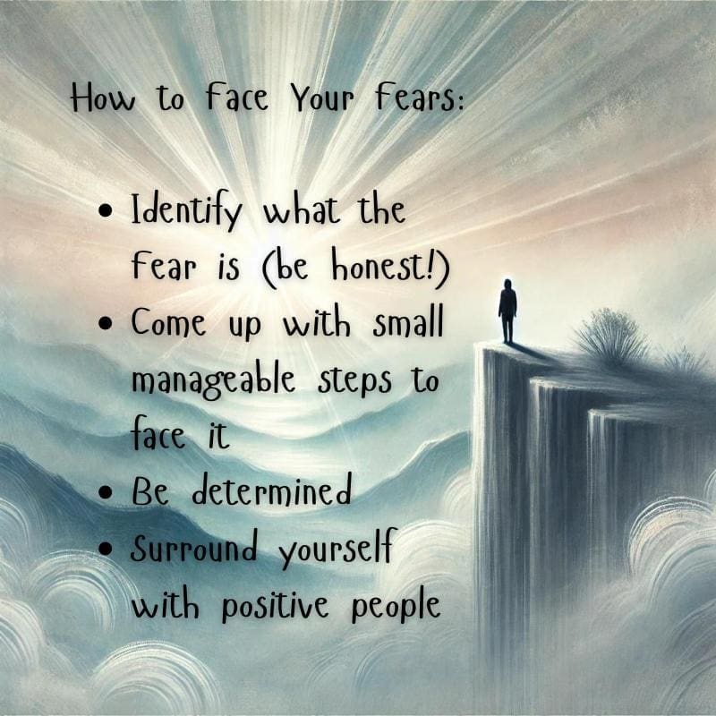 An AI generated image of a figure standing at the top of a cliff. Below the cliff are grey clouds but the sun is radiating in the distance. The text overlay reads:

How to Face Your Fears

Identify what the fear is (be honest).
Come up with small manageable steps to face it.
Be determined.
Surround yourself with positive people.