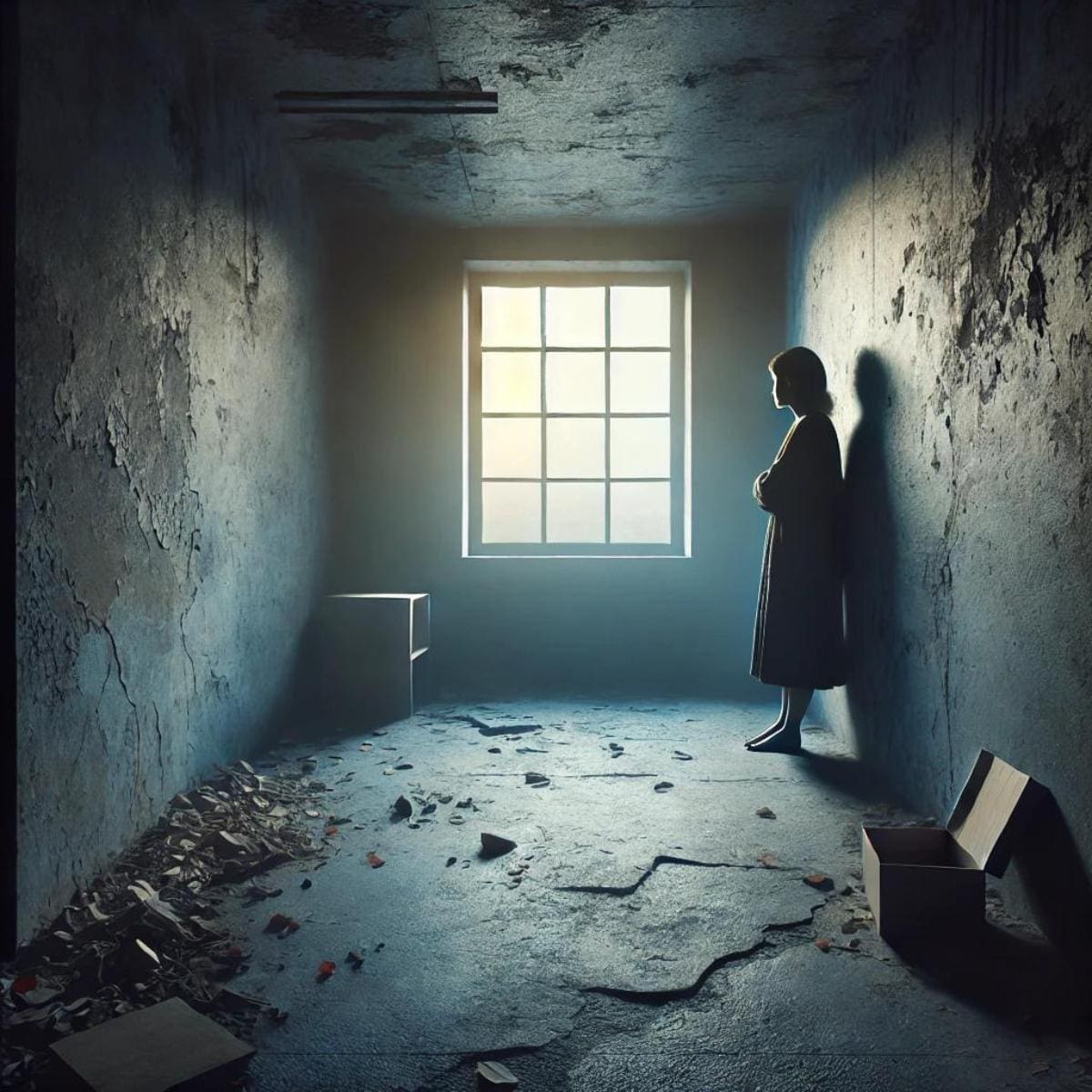 This image features a depressed, lonely woman in a dimly lit, worn-out room with cracked walls, looking out at a faint sunrise through the window. The setting and atmosphere are designed to convey a sense of the struggle a meth addict faces, yet with a subtle hint of hope.