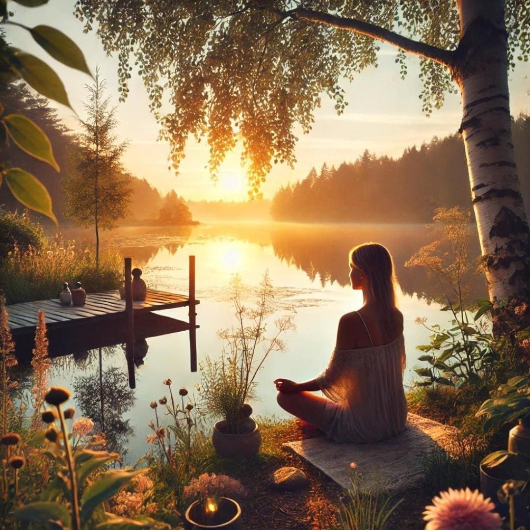 AI-image of woman sitting on banks of a lake meditating, practicing self care 