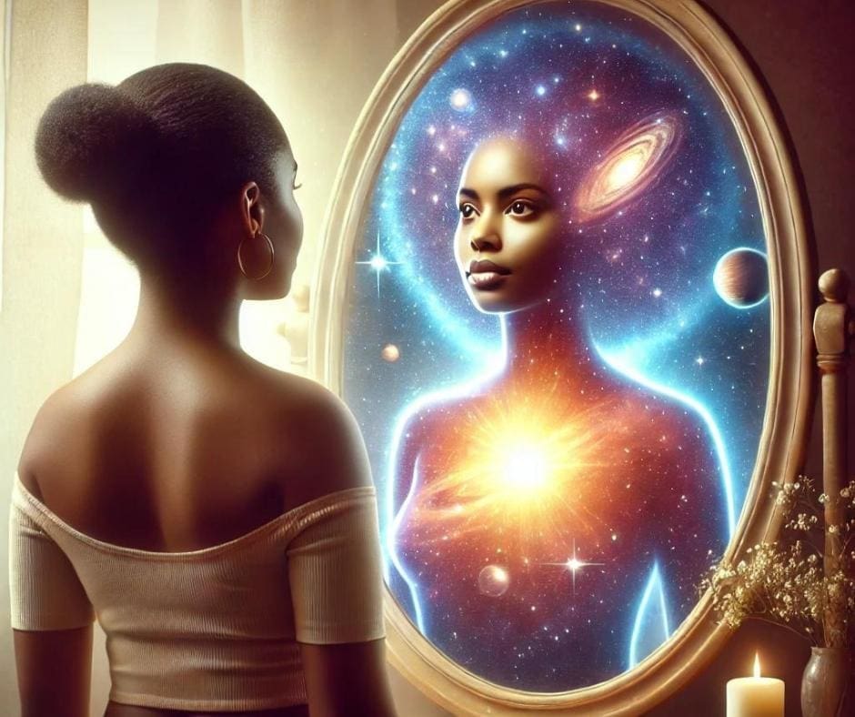  AI-image of an African American woman looking into a mirror and seeing herself as a sacred, cosmic being, perfectly embodying the theme of self-realization and the recognition of one's divine essence.