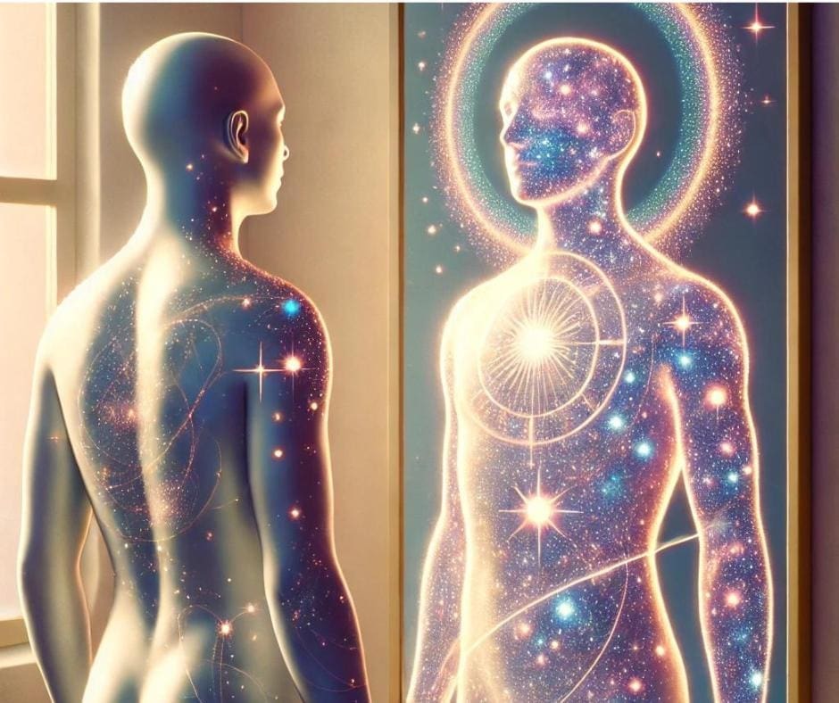 AI-image featuring a non-binary human form gazing into a mirror, seeing themselves as a sacred, cosmic being. 