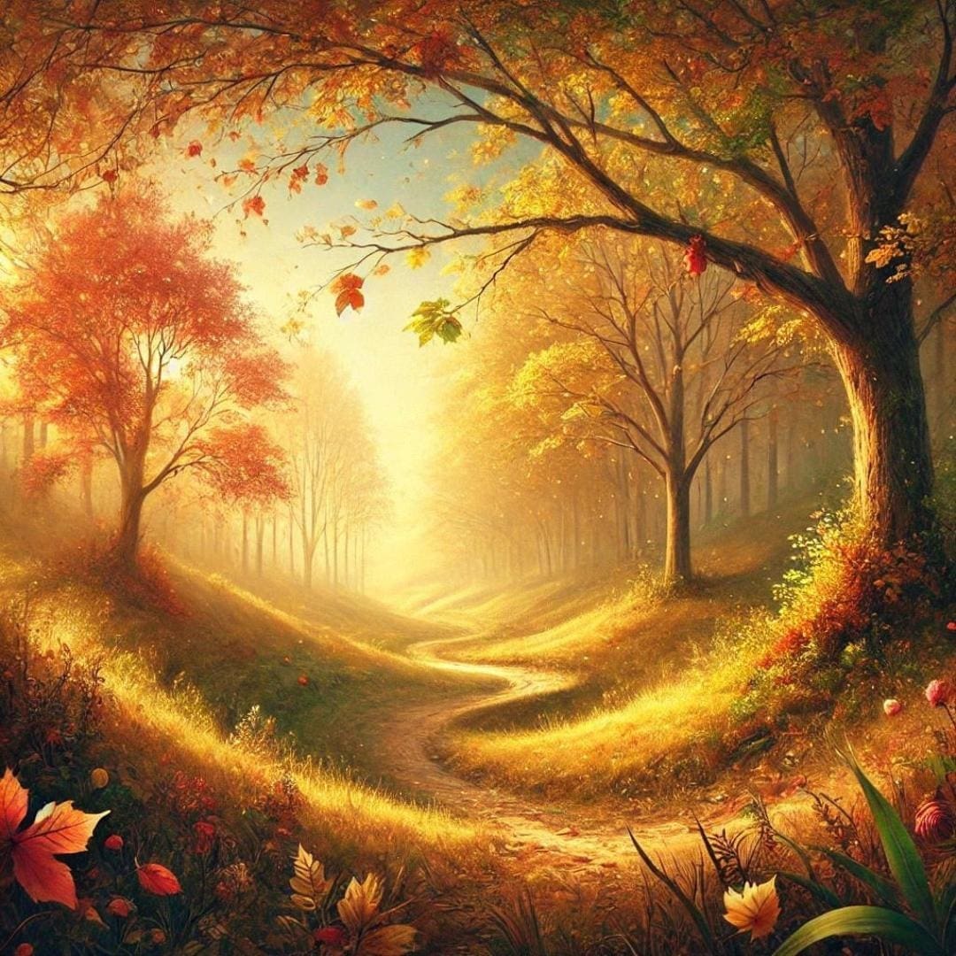 AI-generated image inspired by the themes of autumn quotes, capturing the essence of change, renewal, and the beauty of embracing life's natural rhythms. A serene landscape, warm light, and inviting path symbolize the excitement of starting anew with optimism.