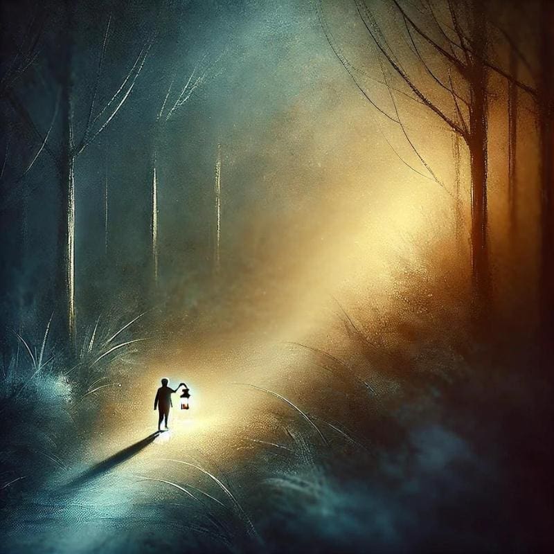 An AI generated image of a small figure walking along a narrow path through a dark forest, holding a lantern that illuminates the way, symbolizing hope and courage in the face of fear.