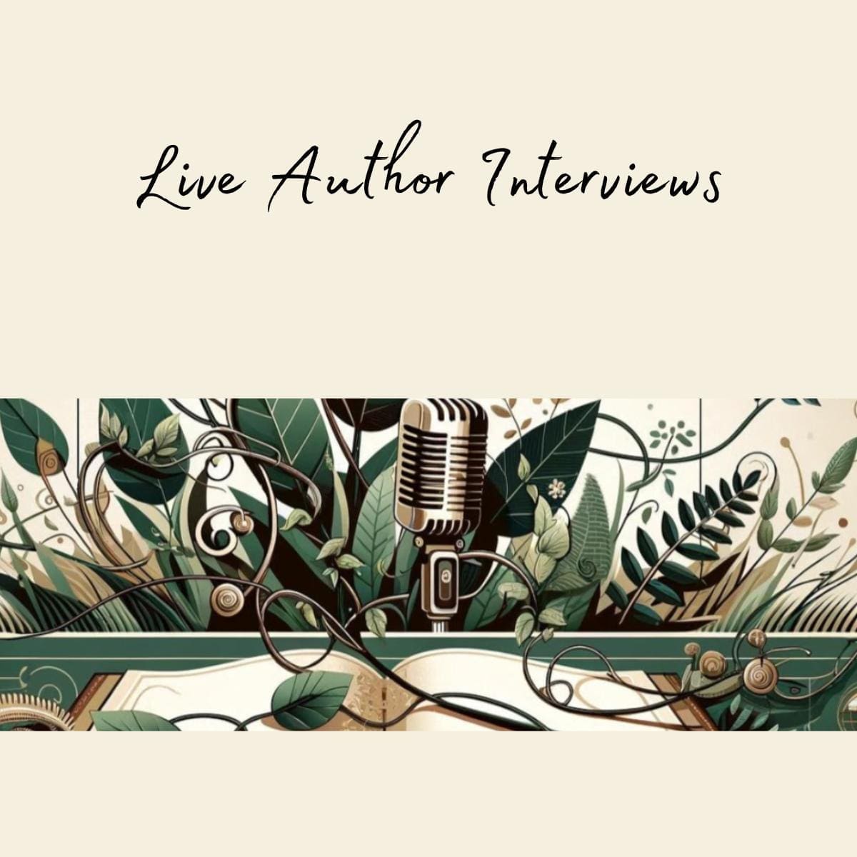 Live Author Videos and our YouTube Banner featuring a book, microphone, and vines.