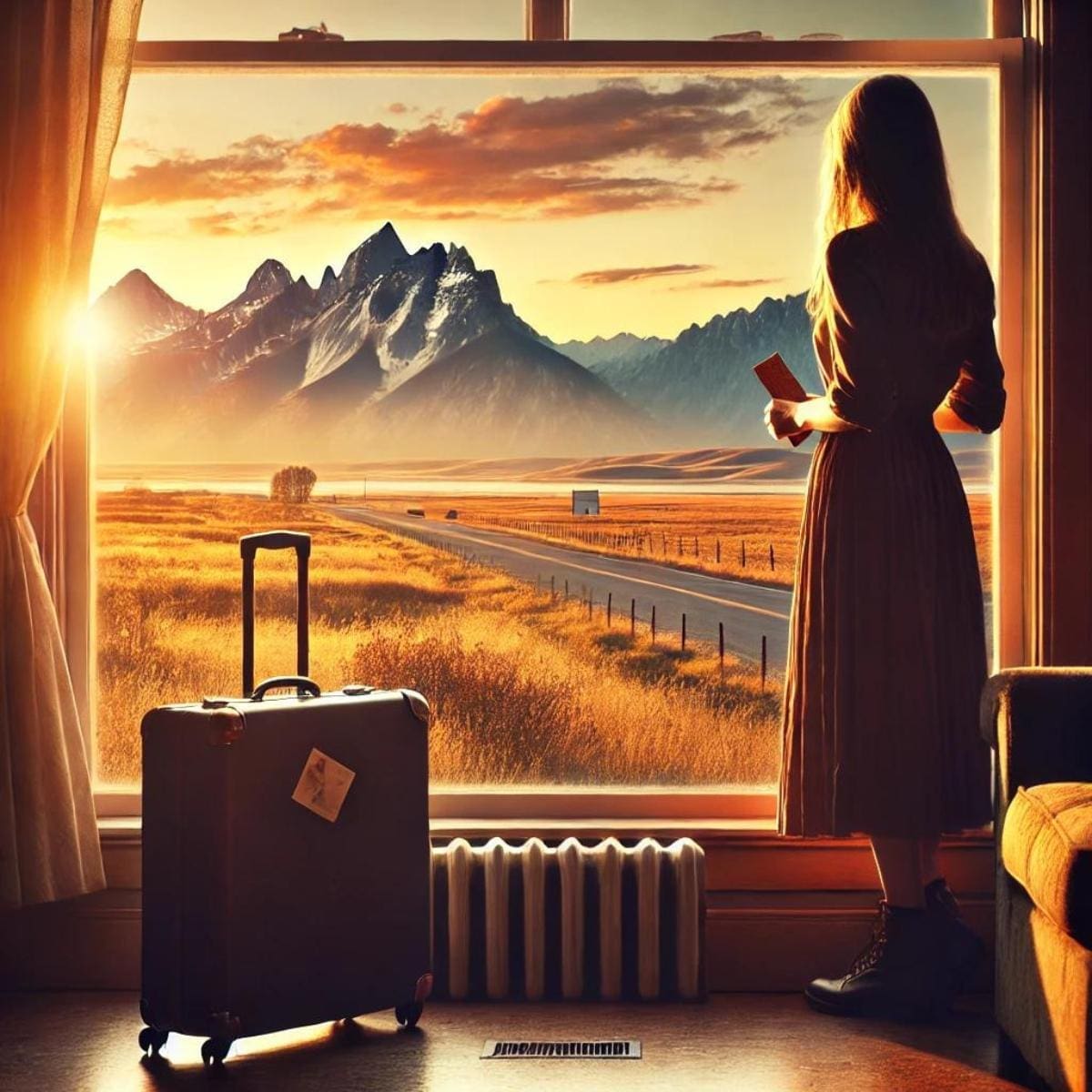 An AI generated photo of a woman standing by a window with a packed suitcase, looking out at the Montana landscape during a beautiful sunset. The scene conveys the bittersweet feeling of moving away from a place she loves.