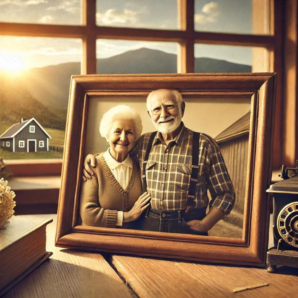 An AI generated image with a warm, happy, and welcoming grandma and grandpa standing in front of their farm.