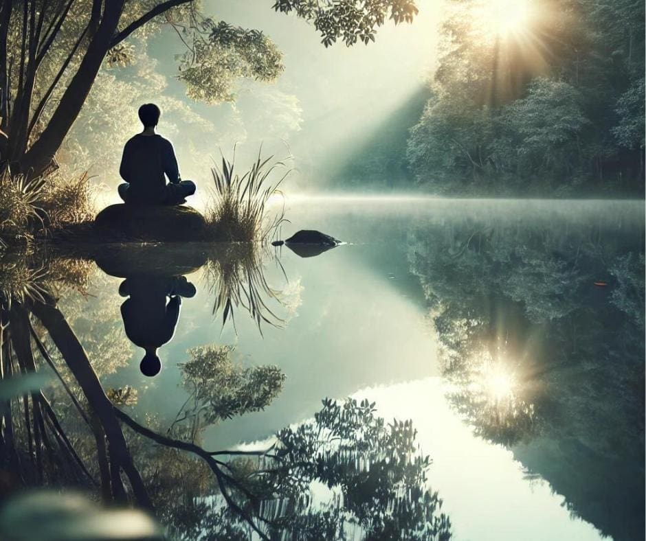 AI-image of a serene setting with a person sitting peacefully by a still lake, perfectly reflected in the calm water. 