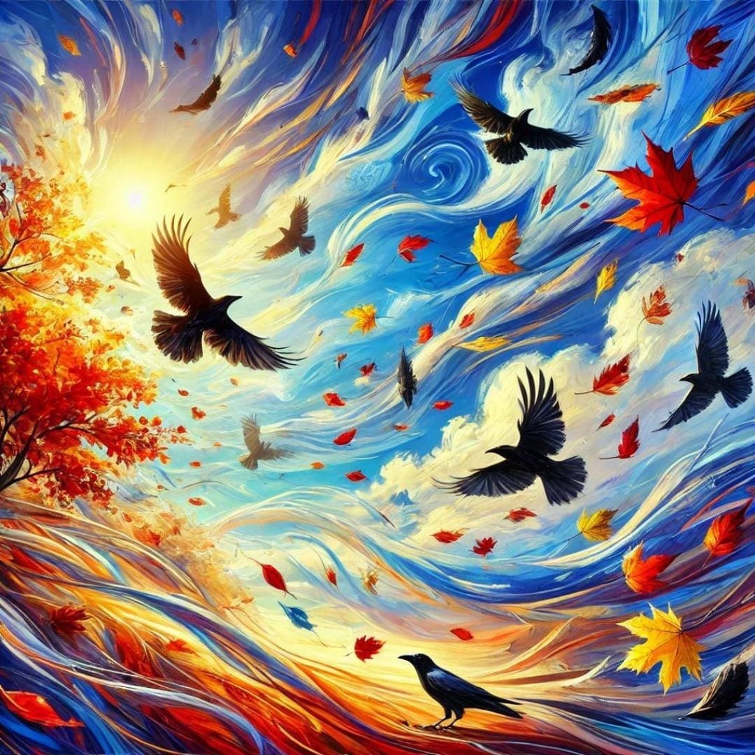 AI-generated image with crows flying across a bright blue autumn sky, accompanied by colorful leaves dancing in the wind. 