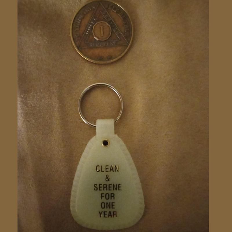 An image of Patty's One Year Sober pin and keychain.