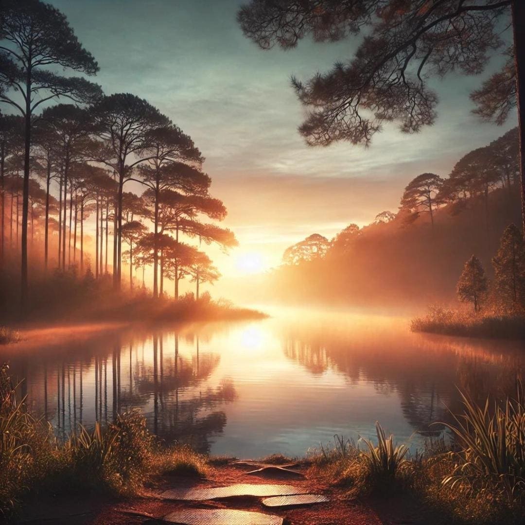 AI-image of serene lake in the woods reflecting a beautiful sunrise 