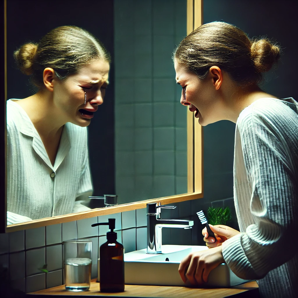 An AI generated image of a woman crying in front of a mirror, reflecting her grief and anxiety. Common mental health concerns among suicide survivors.