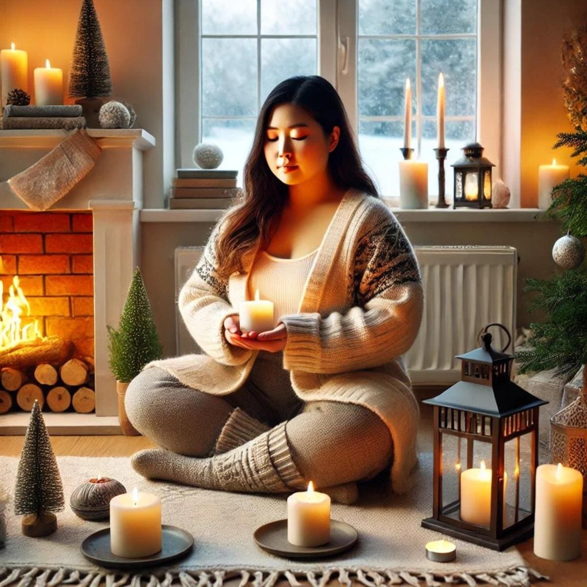 AI-image featuring an Asian woman practicing winter solstice rituals in a cozy indoor setting.