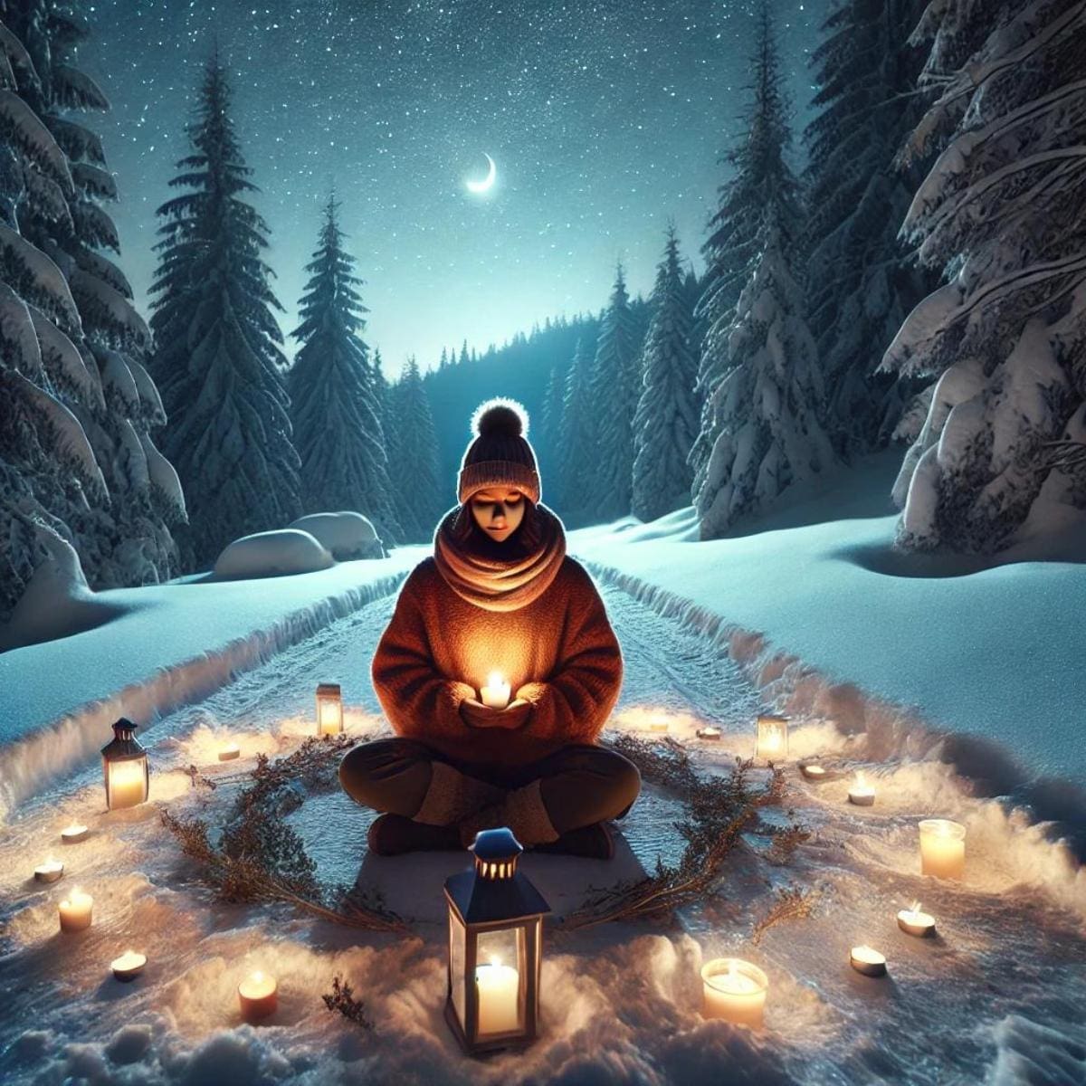 AI-image of a single person practicing winter solstice rituals for wellness, capturing a peaceful and spiritual moment