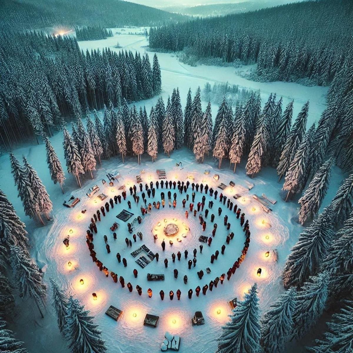 AI-image of ancient  winter solstice celebration from above. It captures the unity and reverence for nature that aligns beautifully with the solstice traditions.