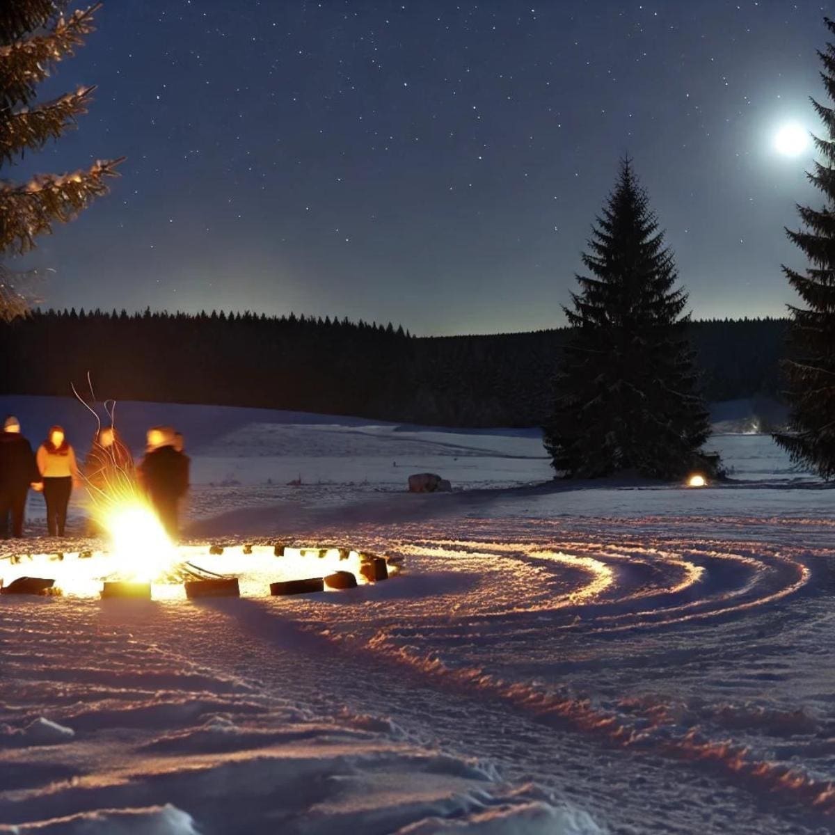 AI-image of people around an outdoor winter bonfire celebrating the winter solstice.