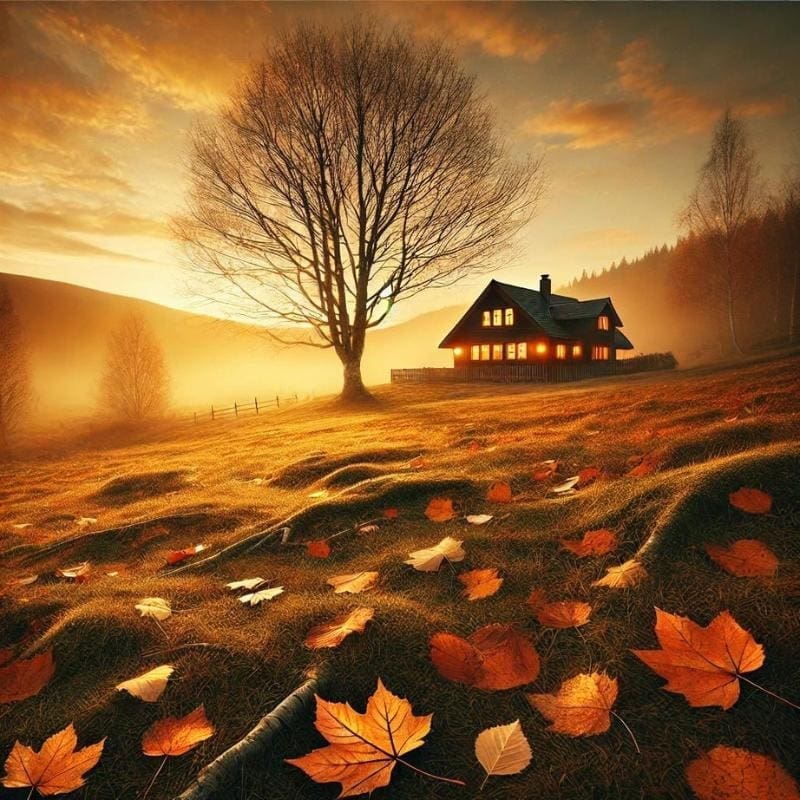 An AI generated image of a farmhouse on a field. The sky is bathed in orange and gold. There is a barren tree, and red and orange leaves all over the field.