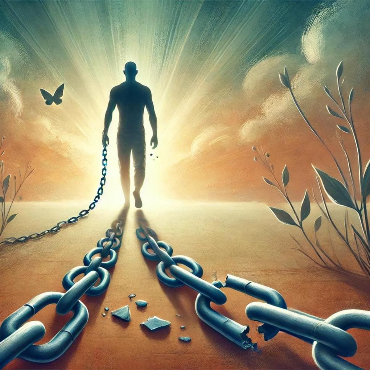 An AI generated image of an artistic representation of a figure breaking free from addiction. The chains are shattered, yet part remains attached to the ground as the figure walks toward a glowing horizon. This evokes themes of recovery, resilience, and hope, symbolizing the journey to freedom found in these addiction recovery quotes.