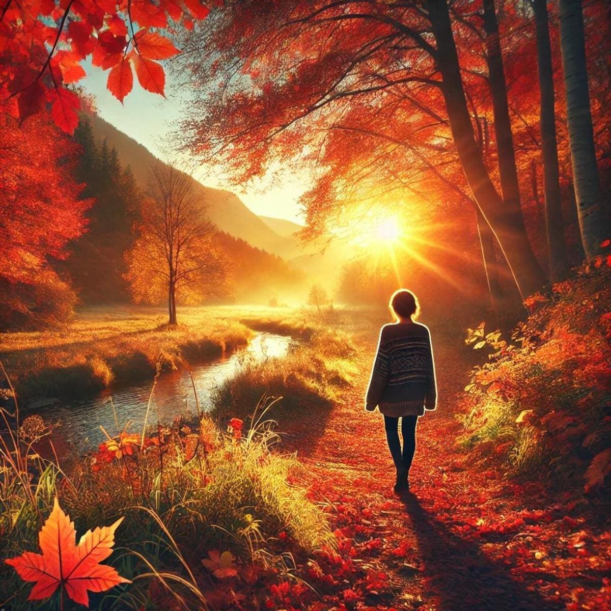 An AI generated image of a woman walking down a path next to a creek. It reflects the beauty, contemplation, and transitions that come with autumn, symbolizing personal growth, reflection, and renewal.