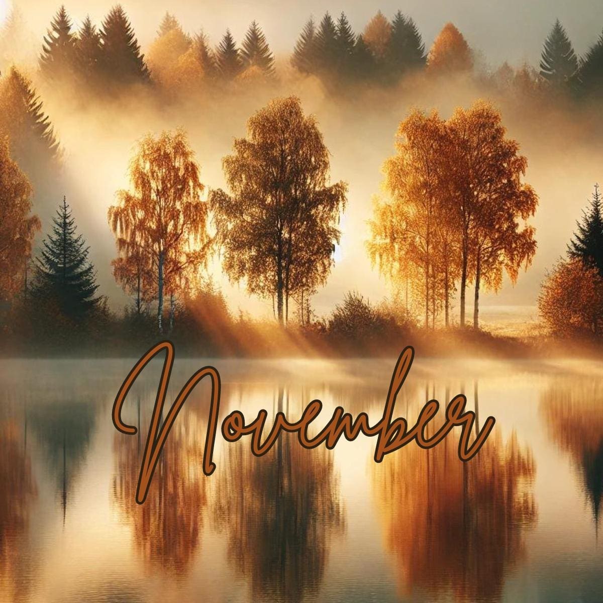 An AI generated image of trees by a placid lake. The trees have orange and red leaves, the sky is bathed in orange and gold. And the word November is printed on the lake.