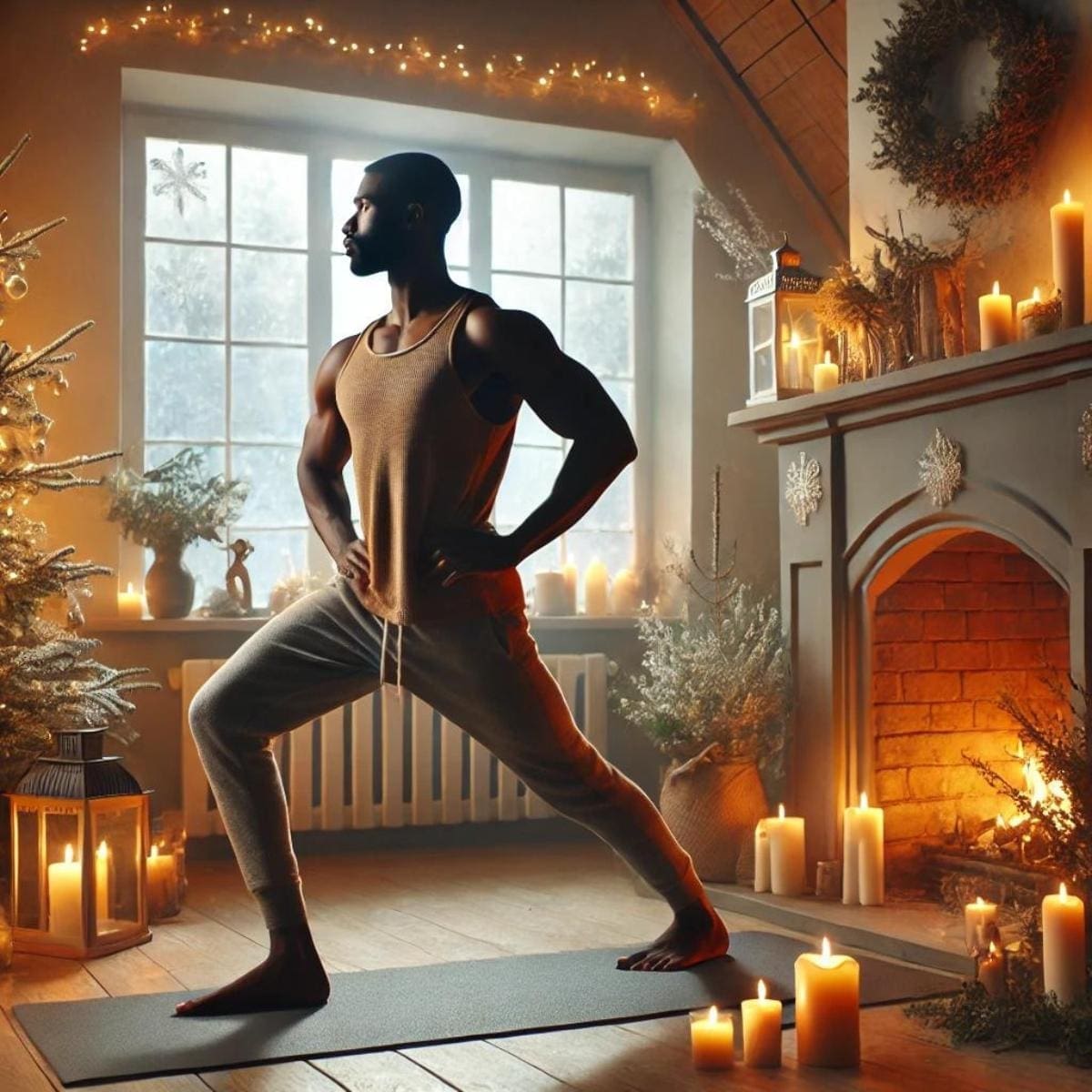 AI-image of a black man practicing winter solstice yoga in a standing pose, with a calm and reflective atmosphere.