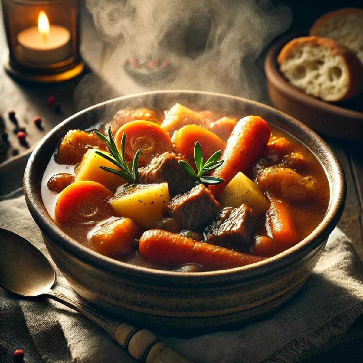 AI-image of a bowl steaming, hearty stew full of root vegetables. 