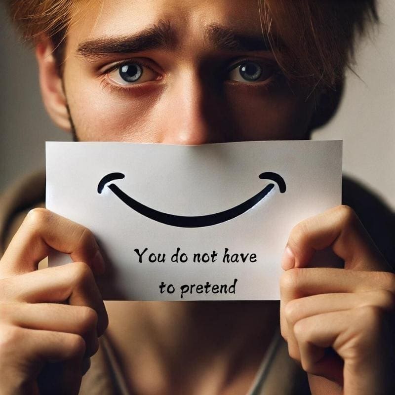 An AI generated image of a sad man holding up a piece of paper with a smile on it, covering their mouth. Underneath the smile it says, "You do not have to pretend."