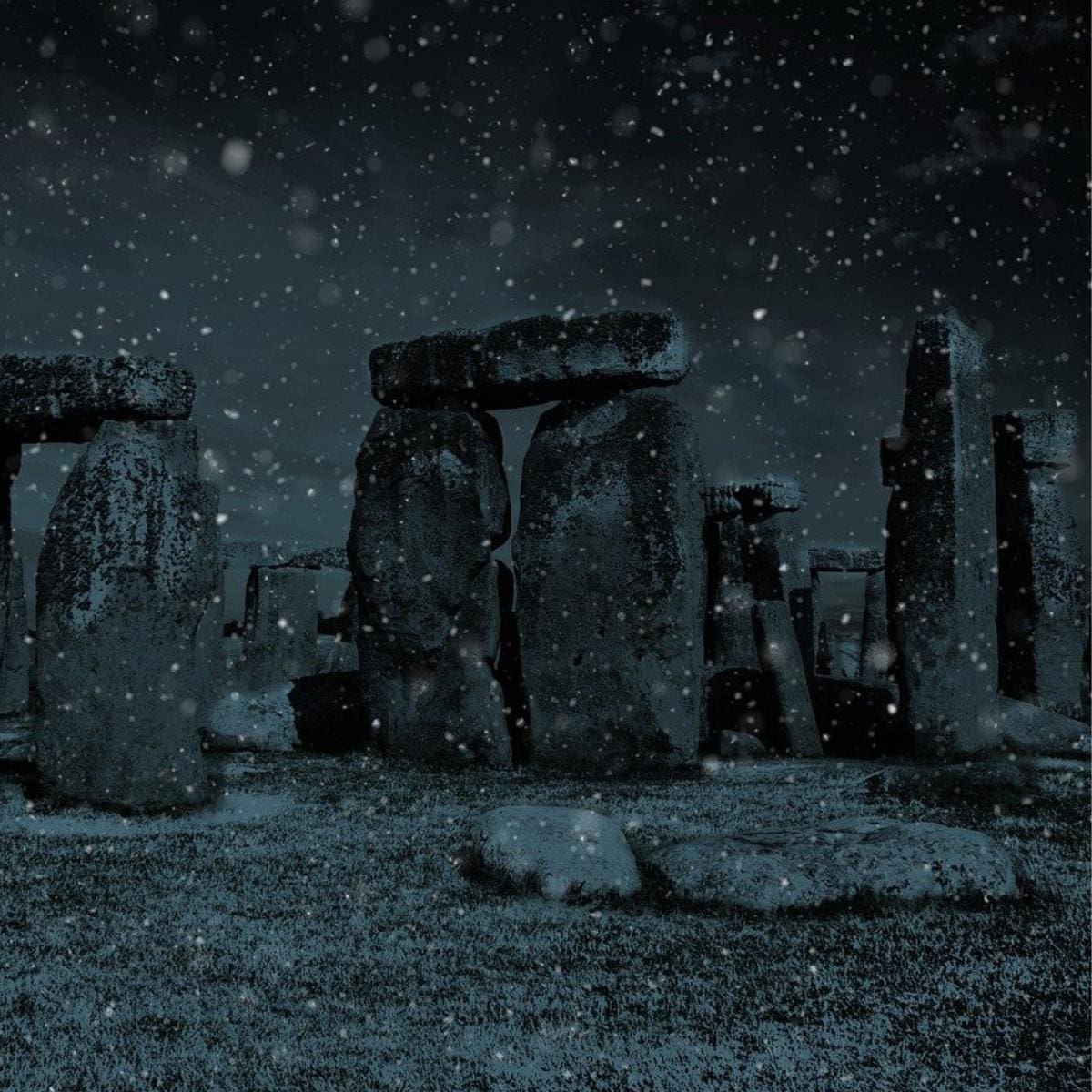 Stonehenge during snowfall. 