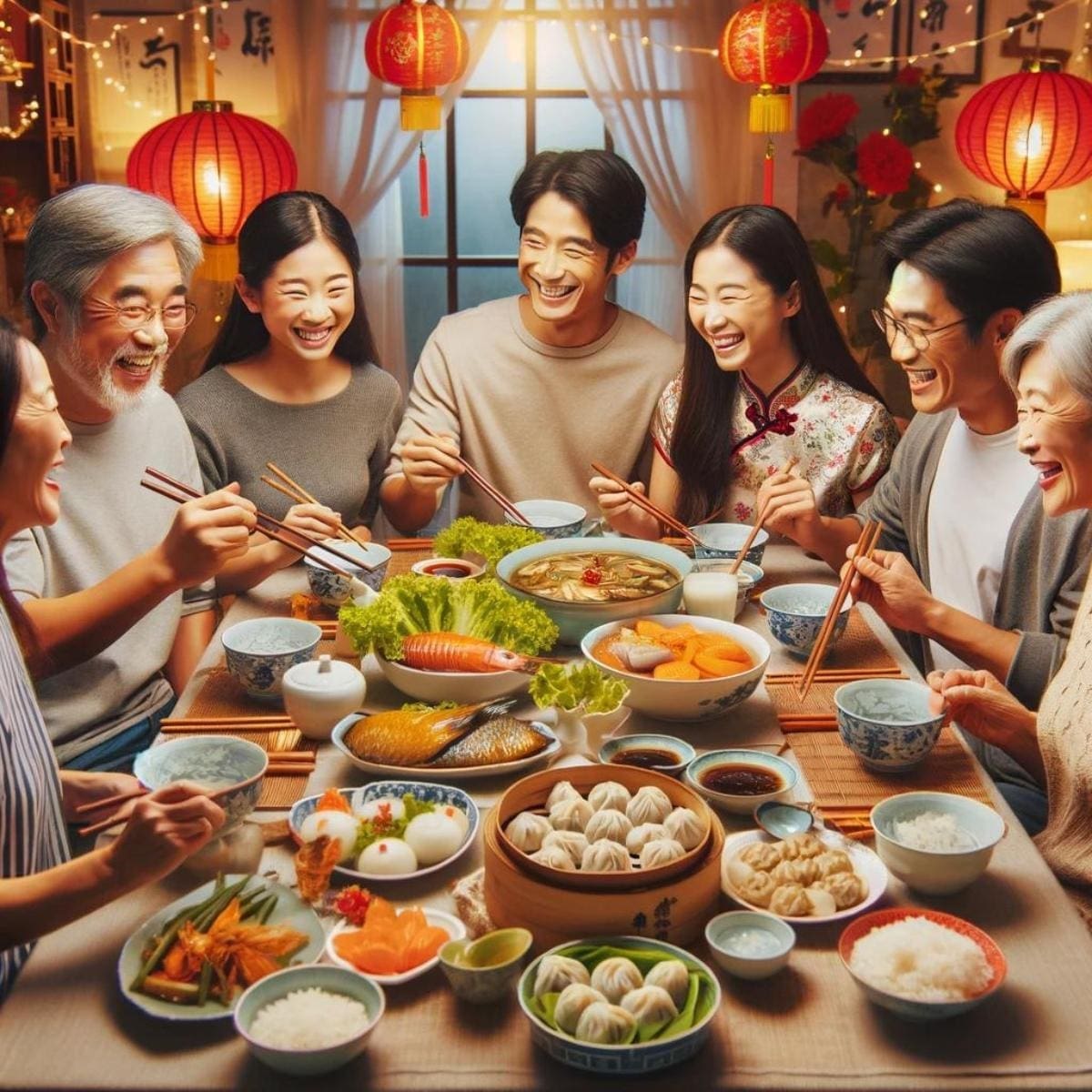 AI-image of a Chinese family joyfully sharing a traditional meal together.