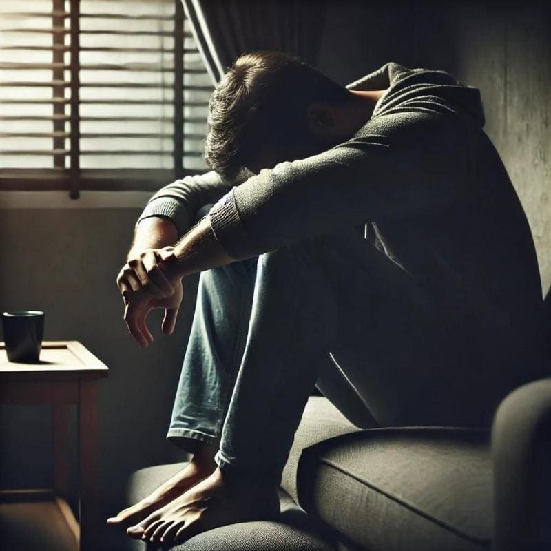 An AI generated image of a man struggling with loneliness and depression. Common mental health concerns for suicide survivors.