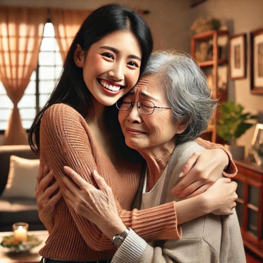 AI-image of young Asian woman hugging her elderly Asian grandmother with gratitude. 