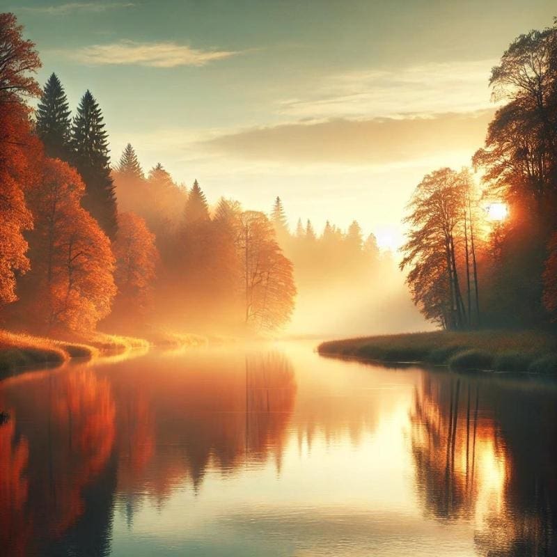 An AI generated image of a peaceful river surrounded by trees in all their autumn colors.