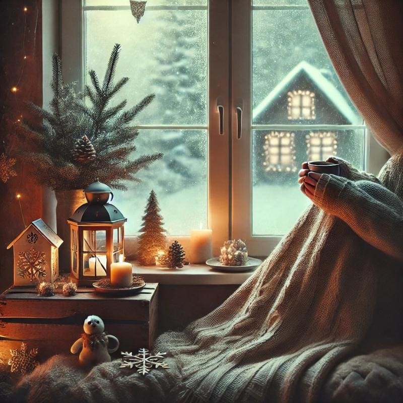 An AI generated image that is cozy and reflective of the essence of December. There is snow outside the window, bits of pine in a vase, candles, and a woman wrapped in a blanket drinking tea.