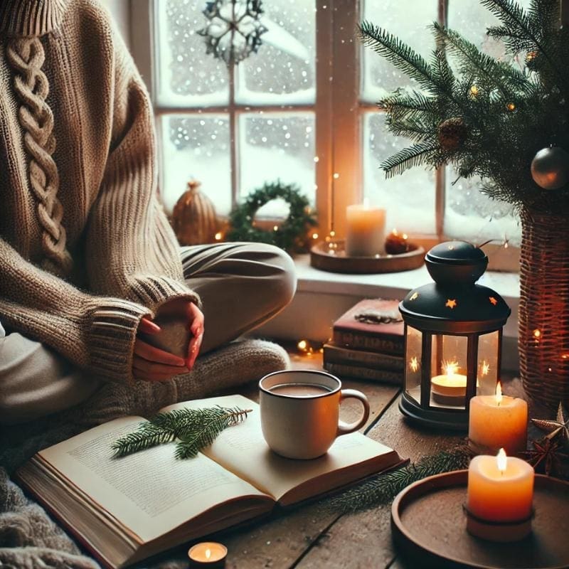 An AI generated image of a woman sitting in front of a journal with snow outside the window. There is a lantern and some pine on the table with her journal.