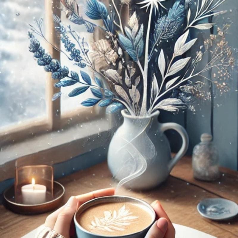 An AI generated image of a woman holding a cup of coffee in front of her window. There is snow outside and a pretty floral blue and silver floral arrangement signifying winter.