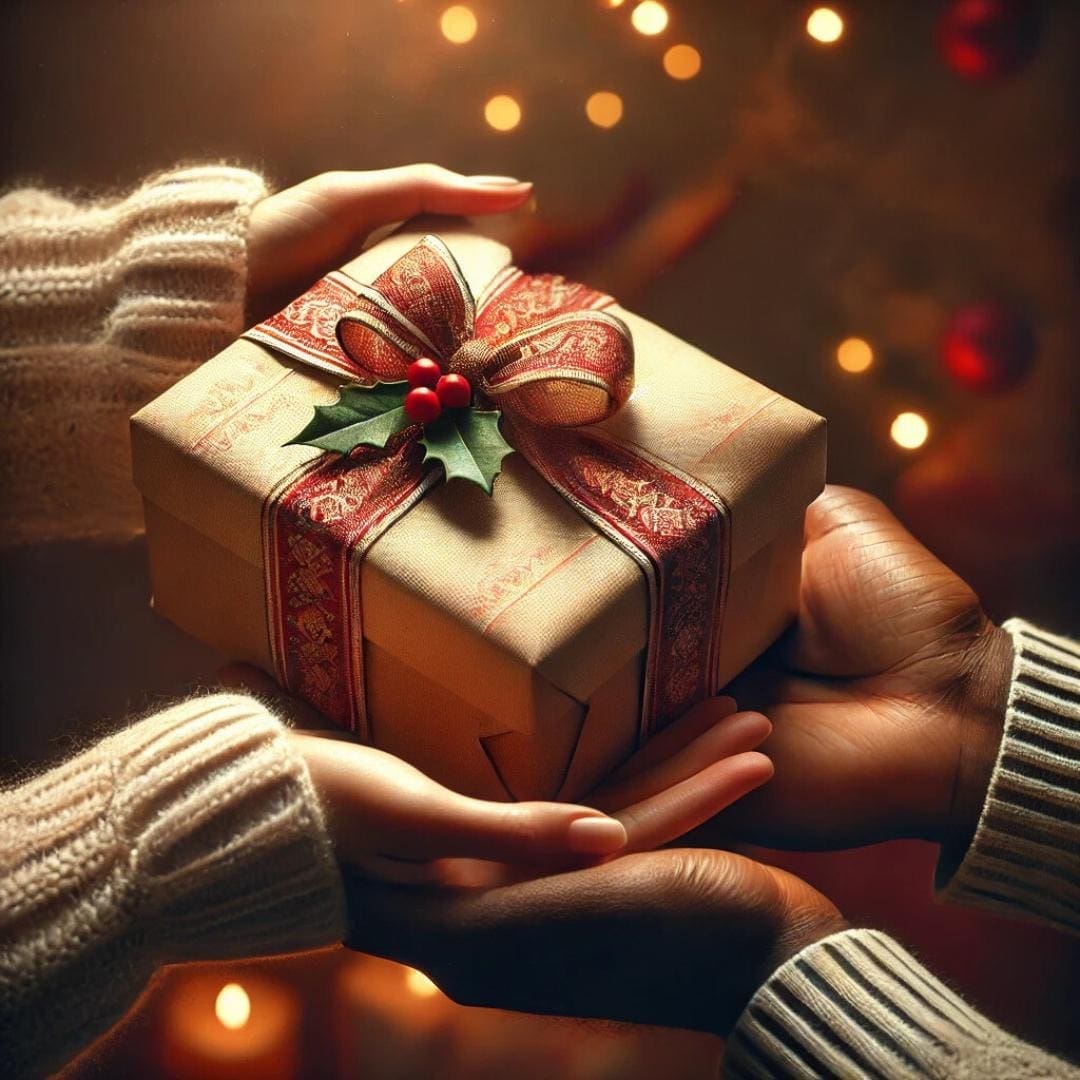 Two sets of hand exchanging a gift during the holiday season 