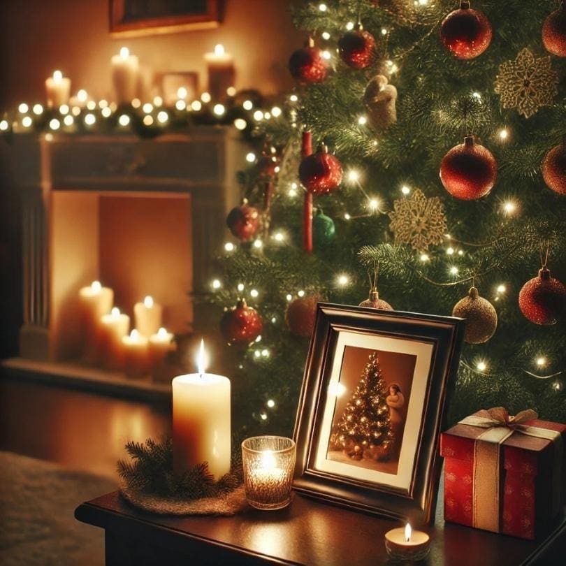 An AI generated iimage of a living room decorated for the holidays, with a softly lit Christmas tree in the corner. A single candle sits on a mantle. A family photo frame is subtly visible nearby, hinting at the memory of a loved one. The room features muted holiday colors of soft reds, greens, and browns, creating an atmosphere of warmth and quiet reflection amidst the festive decor.