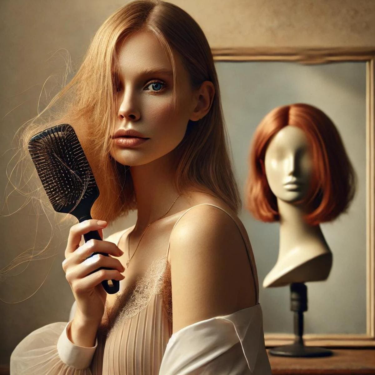 An AI generated image featuring a woman with thin strawberry blonde hair, a hairbrush with strands of hair, and a single wig on a mannequin head. The soft artistic style and natural color palette are maintained to evoke vulnerability and self-acceptance.