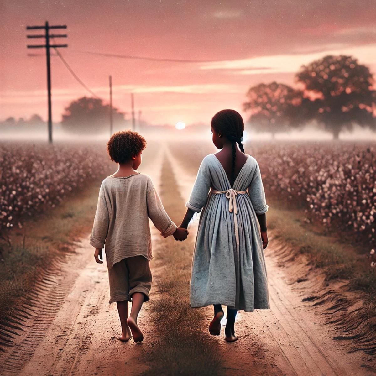 An AI generated image of a soft, artistic depiction of a young girl of color leading her little brother down a southern dirt road at dawn. With soft pink and orange hues, this image captures the siblings' early morning journey through fields, symbolizing Marion’s resilience and determination.