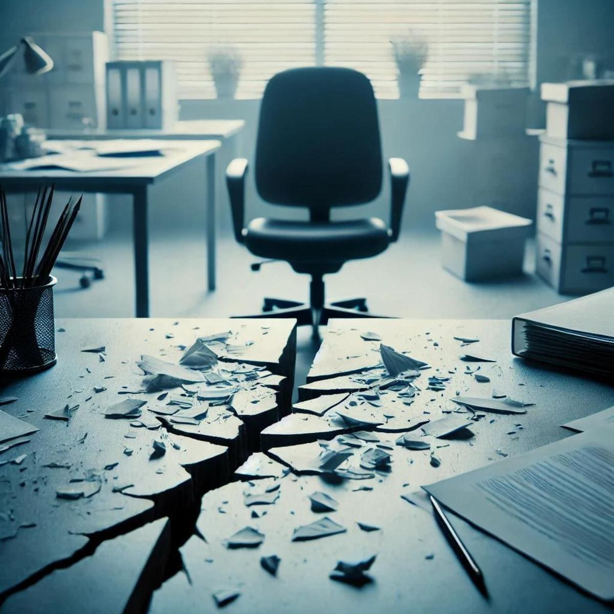 An AI generated image of a workspace with a cracked desk, papers scattered, and a chair slightly pulled back as if someone has just left. The cracks on the desk symbolize the breakdown of a supportive environment, and the scattered items represent a disrupted career through constructive dismissal.